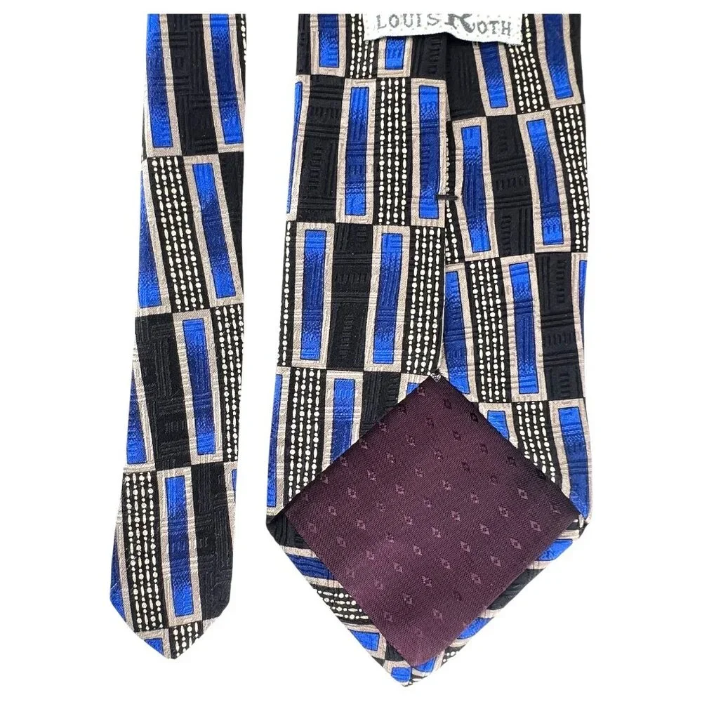 Louis Roth Mens Silk Tie Blue & Black Geometric Art Deco Pattern Hans Sewn Italy